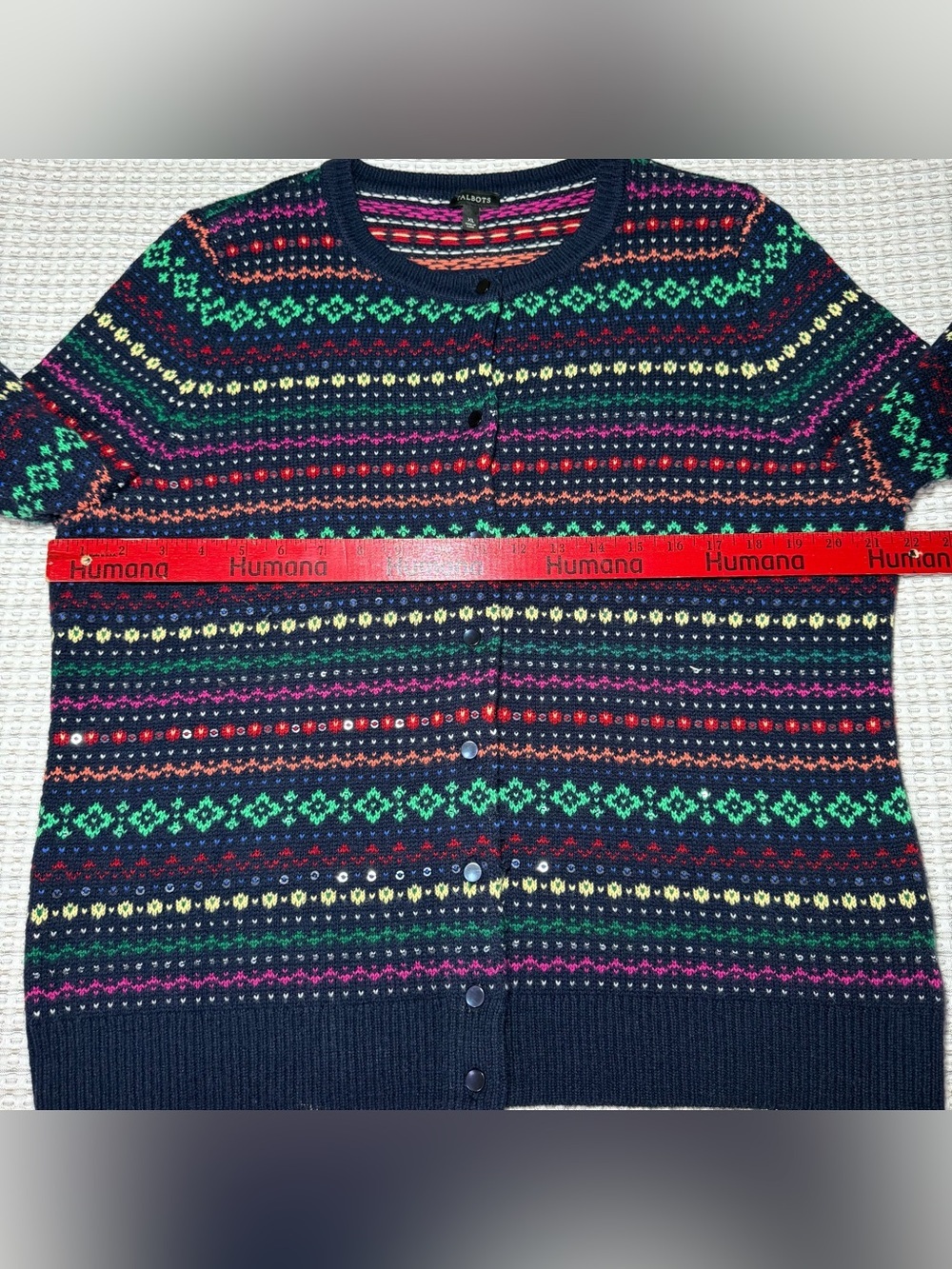 Talbots XL Nordic Fair Isle Button Cardigan Sweater Blue Wool Blend Cottagecore - Picture 4 of 7